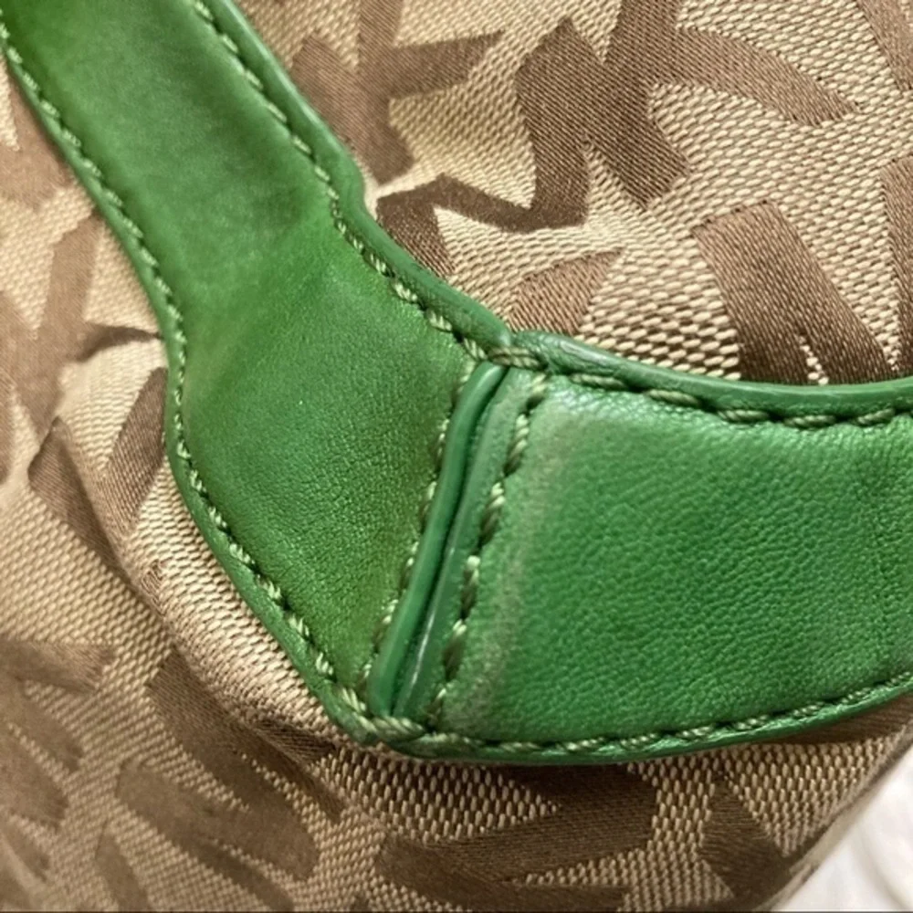 Michael Kors signature mk brown with green leather shoulder bag